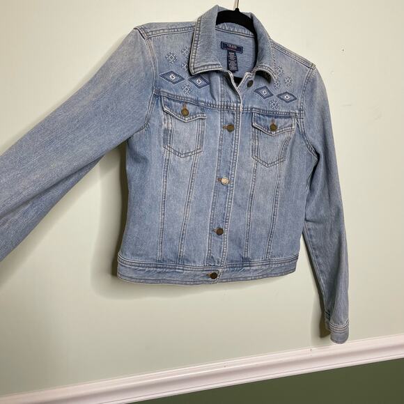 Chaps Vintage Cropped Trucker Denim‎ Jacket Embroidery Detail Collared Blue M - Picture 8 of 11